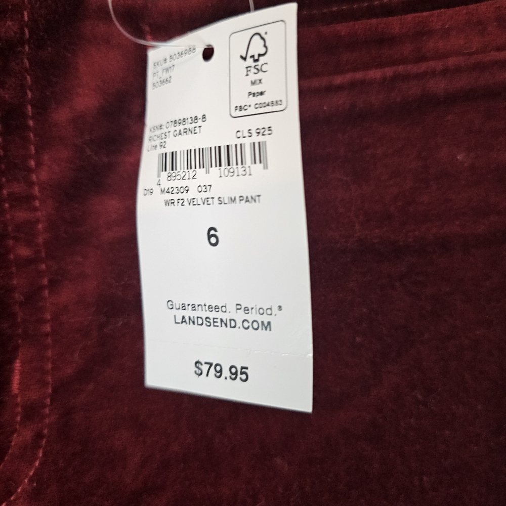 NWT Lands' End Richest Garnet Mid Rise Velvet Pants Size 6 - Picture 9 of 10